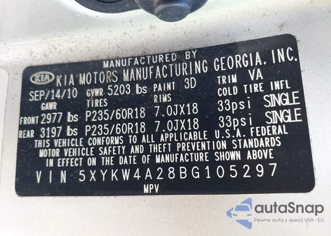 2011 Kia Sorento Sx V6 z USA, uszkodzony, nr VIN 5XYKW4A28BG105297